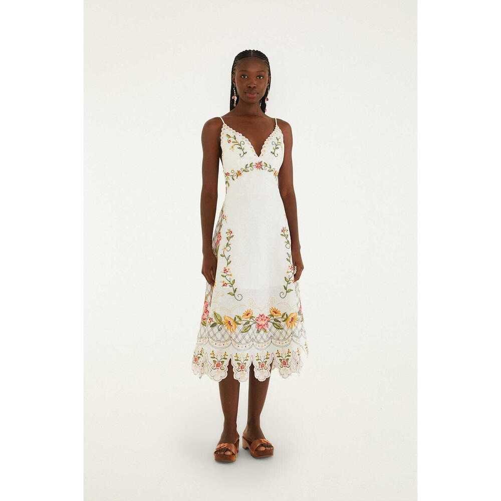 Off-White Flower Embroidery Asymetric Hem Midi Dress
